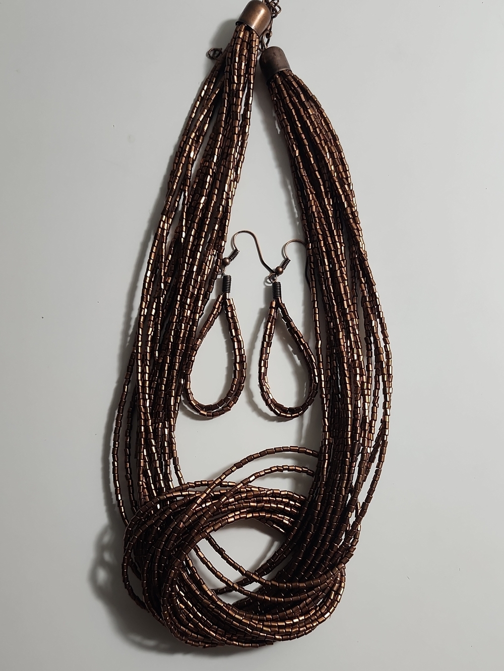 Beaded Multi-Strand Necklace and Earrings Set - Bronze